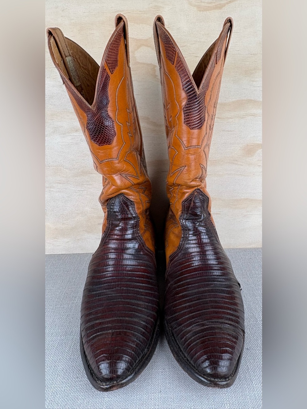 Nocona Cowboy Boots Lizard Leather Men’s Size 10 Dark Brown Light Tan